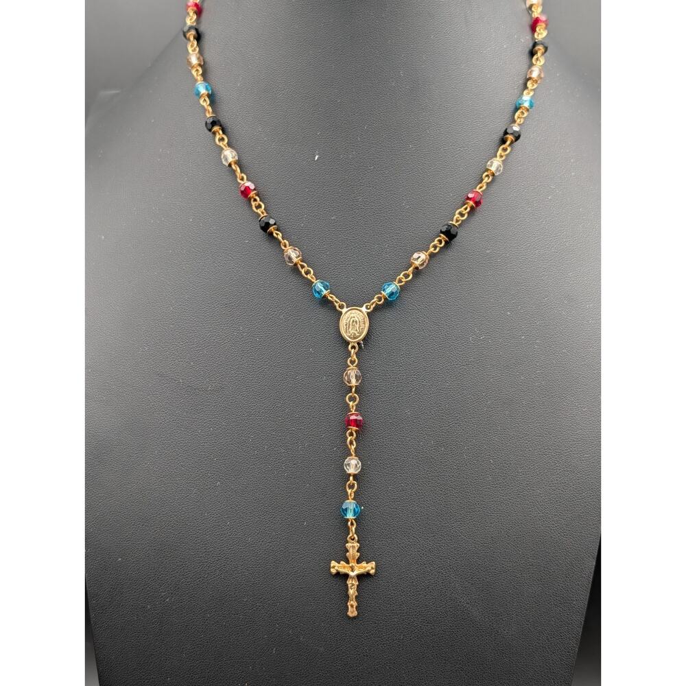 Vintage 18K Gold Plated Rosary Multicolor Glass Bead Crucifix Necklace